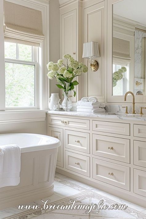 modern french country bathroom French Bathroom Tile Ideas, French Country Coastal Bathroom, Modern French Country Home Interiors, European Cottage Interiors Bathroom, Beautiful Bathroom Wallpaper, Modern French Bathroom Ideas, Neutral Cottage Bathroom, French Country Bathroom Faucets, French Bathroom Mirror