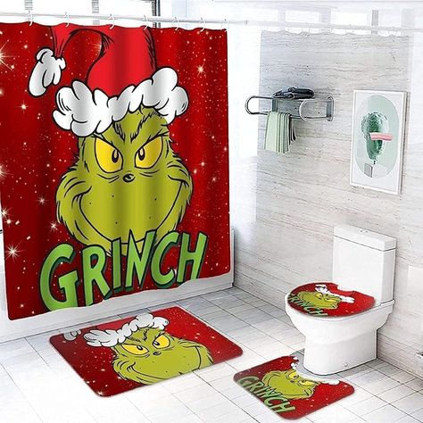 Grinch Bathroom, Christmas Bathroom Sets, Grinch Stuff, Christmas Shower Curtain, Holiday Bathroom, Grinch Christmas Decorations, Christmas Bathroom Decor, Christmas Shower, Christmas Shower Curtains