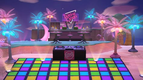 Acnh Party Area, Animal Crossing Dj Area, Acnh Beach Club, Acnh Music Area Ideas, Acnh Music, Acnh Tropicore, Acnh Beach, Beach Music, Acnh Ideas