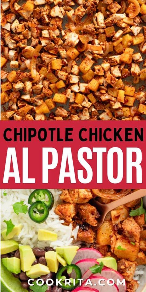 Create this quick and delicious Chipotle copycat Chicken Al Pastor for an easy make ahead dinner. Marinate chicken thighs in a zesty, earthy, and slightly spicy blend - perfect for burrito bowls, tacos, quesadillas, burritos, and beyond. Copy Cat Chicken Al Pastor Chipotle, Chicken Al Pastor Bowl, Chipotle Brisket Copycat Recipes, Adobo Chicken Chipotle, Chipotle Al Pastor Chicken Copycat, Chicken Pastor Tacos, Chipotle Chicken El Pastor Recipe, Chicken El Pastor Recipe Chipotle, Chipotle El Pastor Chicken