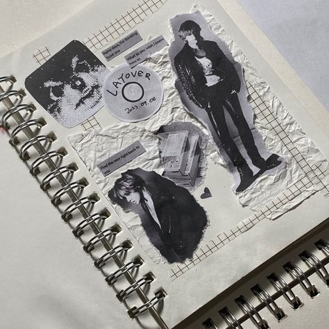 black and white journal spread. kpop journal bts version kim taehyung. Scrapbook Journal Black And White, Journal Spreads Kpop, Journal Ideas Black And White, White Scrapbook Ideas, Black And White Scrapbook Ideas, Black And White Journal Ideas, Journal Ideas Black, Kim Taehyung Journal, Journal Spreads Aesthetic