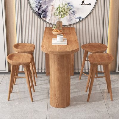 Strong and durable, stable support, safe load-bearing Color: Brown | Loon Peak® Gloretha 70.8" Bar Set Wood in Brown, Size 41.3 H x 70.8 W x 15.7 D in | Wayfair Round Counter Table, High Table Round, Wooden Bar Table Design, Bar Table Design Home, Wooden Cafe Table, Wellness Cafe, Bar Counter Table, Pub Dining Set, Bar Casa