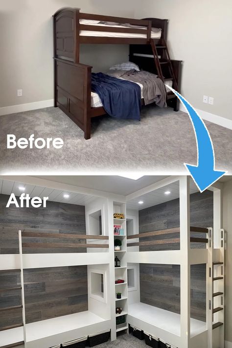 Double Twin Bunk Beds Build DIY - Faith's Homemaking Suspended Bunk Beds, 4 Bunk Beds In One Room Corner, L Shaped Built In Bunk Beds, Small Room Built In Bunk Beds, L Shaped Bunk Beds Diy, Diy Quad Bunk Beds, Corner Bunk Beds Built In, Multiple Bunk Beds In One Room, L Shape Bunk Beds