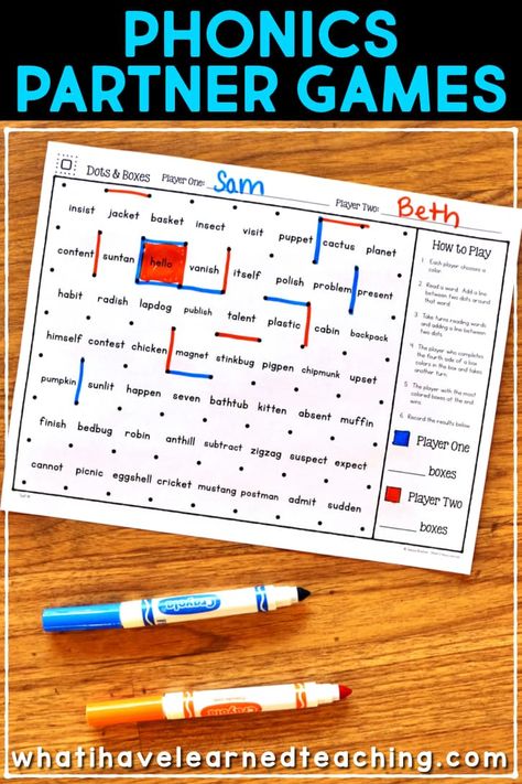 Fun and engaging phonics partner games that help students practice decoding two-syllable words. These partner games are designed to give students extra practice decoding compound and multisyllabic words. Dyslexic Reading Games, Barton Reading And Spelling Games, Year 2 Phonics, Reading Board Games, Multi Syllable Word Activities, Phonics Games 3rd Grade, Phonics Game For 2nd Grade, Second Grade Phonics Activities, Fluency Games 3rd Grade Reading