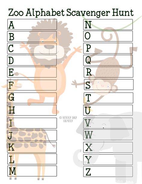 Zoo Alphabet Scavenger Hunt with Free Printable         |          Sunny Day Family American ExpressDinersDiscoverlogo-jcblogo-mastercardPayPalSelzVisa Zoo Scavenger Hunt Printable, Zoo Scavenger Hunt, Alphabet Scavenger Hunt, Zoo Lessons, Zoo Animal Activities, Zoo Alphabet, Kids Preschool Learning, Zoo Activities, Scavenger Hunt Printable