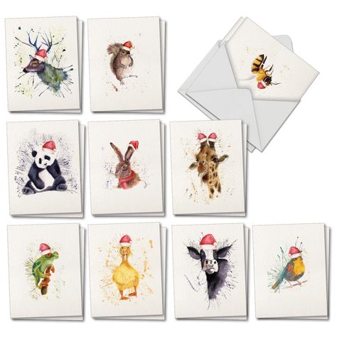 Funny Christmas Hats, Christmas Notes, Pet Holiday Cards, Christmas Note Cards, Christmas Note, Christmas Stationery, Watercolor Christmas Cards, Notecard Set, Cards With Envelopes