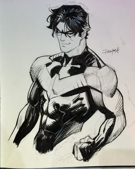 Dan Mora Chaves (@dan_mora_c) • Instagram photos and videos Nightwing Sketch Art, Nightwing Art Drawings, Nightwing Black And White, Dan Mora Nightwing, Nightwing Reference, Man Looking Over Shoulder, Nightwing Drawing, Nightwing Tattoo, Nightwing Sketch