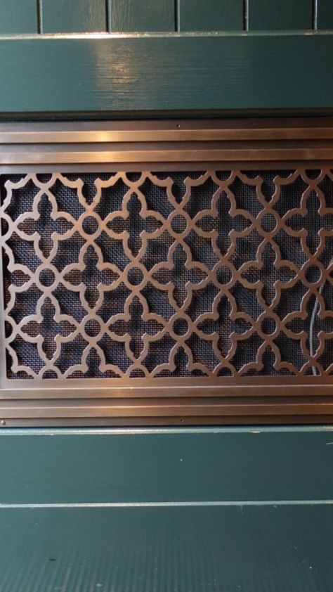 Decorative Air Vent Cover Decorative Air Vent Cover, Brass Vent Covers, Return Air Vent Cover Ideas, Vent Covers Decorative, Mcm Fireplace, Modern Cottage Homes, Wall Vent Covers, Fireplace Vent, Return Air Vent