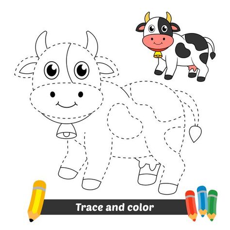 Trace and color for kids, cow vector | Premium Vector #Freepik #vector #school #baby #book #kids Tracing Drawing For Kids, Cow Worksheets Preschool, Animal Pictures For Kids, Business And Advertising, Trace And Color, Art Books For Kids, Pola Kotak, Cow Vector, Cow Drawing