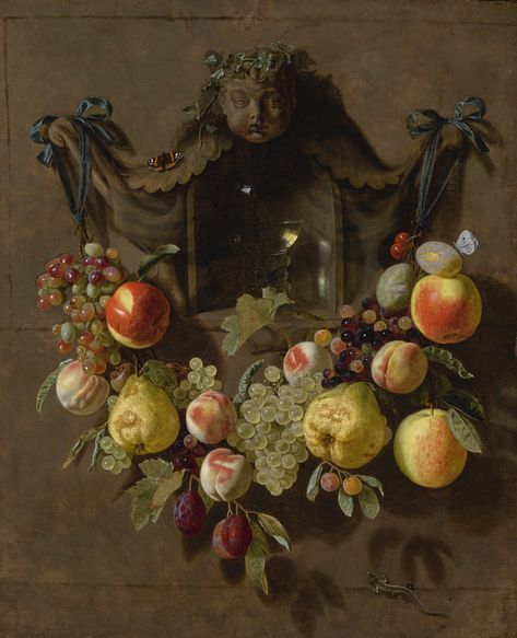 Pieter van den Bosch the Younger  A TROMPE L'OEIL STILL LIFE WITH A SWAG OF GRAPES, PEARS, PEACHES, APPLES, PLUMS, AND BUTTERFLIES DECORATING A NICHE WITH A GLASS ROEMER, 1654 China Vase, Dutch Still Life, Google Art Project, Dutch Masters, Dutch Golden Age, Still Life Fruit, Food Painting, Louvre Paris, Louvre Museum