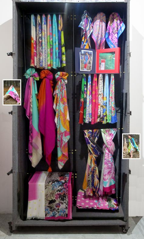 Scarves Display Visual Merchandising, Scarves Display Ideas, Scarf Shop Design, Scarf Display Ideas Craft Booths, Visual Merchandising Displays Clothing, Scarf Display Ideas, Charity Shop Display Ideas, Fabric Shop Display, Scarves Store