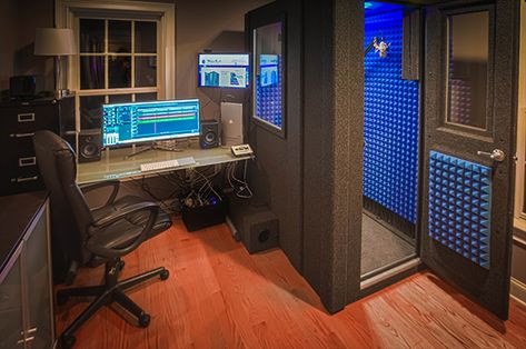 Darren Kramer's Voice over Studio! MDL 4260 S (3.5' x 5') with several optional features! Studio Room Design, Studio Booth, Vocal Booth, Recording Booth, Home Recording Studio Setup, Recording Studio Setup, Home Music Rooms, Home Studio Ideas, Audio Studio