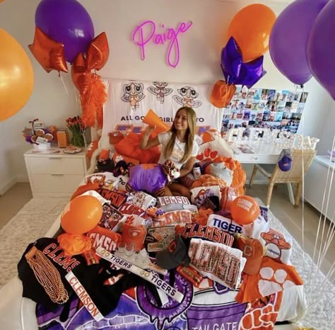 College Acceptance Bed Decorating, Clemson Bed Party, Clemson University Aesthetic, Clemson Aesthetic, Clemson University Campus, College Bed Decorating Party, Clemson Dorm, College Bed Decorating, College Bed Party