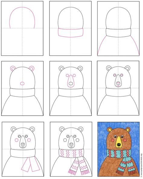 Draw a Bear with a Scarf · Art Projects for Kids Draw A Bear, Trin For Trin Tegning, Winter Art Lesson, Face Tutorial, Winter Drawings, 2nd Grade Art, Winter Art Projects, Head Art, Výtvarné Reference