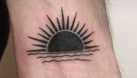 Traditional Sun Tattoo, Trippy Tattoo Designs, Trippy Tattoo, Traditional Black Tattoo, Sun Tattoo Designs, Simple Tattoos For Guys, Hand And Finger Tattoos, Yin Yang Tattoos, Horizontal Landscape