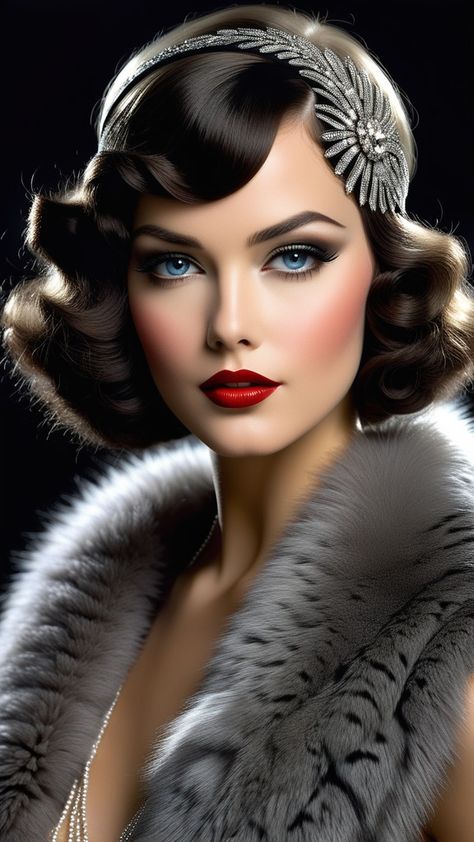 A 1920s femme fatale Jazz, by SonAra by SonAra - Playground Great Gatsby Makeup, Look Gatsby, 1920s Flapper Girl, 1920 Gatsby, Classic Hollywood Glamour, Red Lip Makeup, Natural Gray Hair, Flapper Girl, Gatsby Style