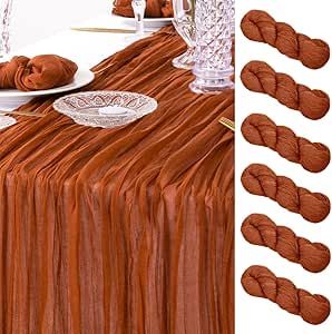 Fall Banquet Table Decorations, Cheap Thanksgiving Table Settings, Table Runner Round Table, Thanksgiving Table Settings Elegant, Banquet Table Decorations, Orange Wedding Themes, Gauze Table Runner, Cheesecloth Table Runner, Fall Table Runner