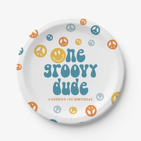 Two Groovy Boy Birthday, Two Groovy Birthday Party Boy, One Groovy Dude, 2 Groovy, Retro Birthday Parties, Groovy One, Birthday Party Plates, One Happy Dude, Two Groovy