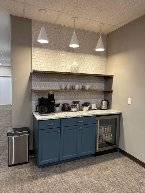 Small Office Lunch Room Ideas, Kitchen In Office Space, Waiting Area Coffee Bar, Office Pantry Ideas Small Spaces, Office Break Room Ideas Kitchens, Coffee Station In Office, Conference Room Coffee Station, Office Breakroom Ideas Work Small, Small Office Kitchen Break Room