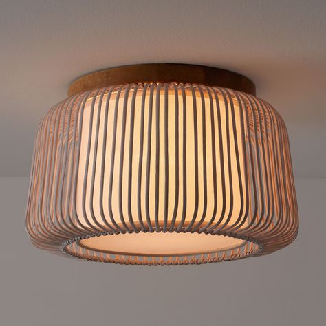 Rattan Flush Mount, White Rattan, Mod Design, Wood Details, Pb Teen, Wood Detail, Flush Ceiling Lights, Pottery Barn Teen, Linen Shades