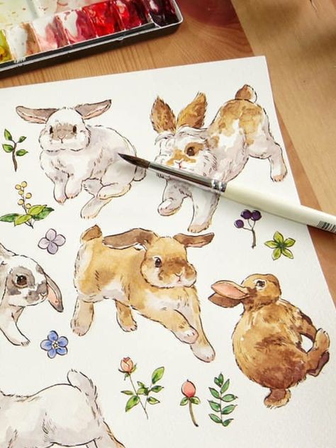 Gouache Animals, Shower Illustration, Simple Sketches, Bunny Watercolor, Bunny Painting, Bunny Drawing, Posca Art, Matching Profile, Watercolor Art Lessons