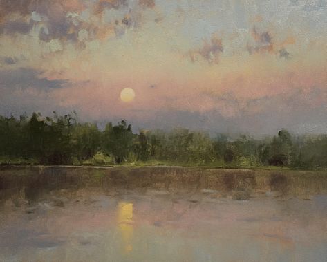 Moon Oil Painting, Lake Oil Painting, Nature Oil Painting, Sunset Oil Painting, Oil Painting On Wood, Painting On Wood Panel, Landscape Clouds, Oil Painting Nature, Wall Art Nature