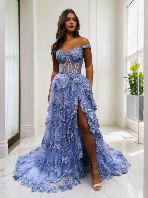 A-Line/Princess Tulle Applique Off-the-Shoulder Sleeveless Sweep/Brush Train Corset Dresses Gaun Tulle, Tiered Prom Dress, Lace Ball Gowns, Tulle Prom Dress, Prom Dresses Blue, Cheap Prom Dresses, Mermaid Prom Dresses, Ball Gowns Wedding, Prom Dresses Short