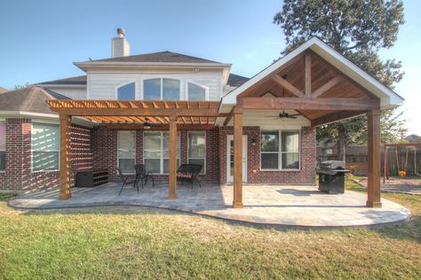 Patio Covers - Custom Patio Structures Patio Extension With Fireplace, Patio Roof And Pergola, Pergola And Covered Patio, Covered Patio Two Story House, Semi Covered Patio Ideas, Pergola Extended From Covered Patio, L Shape Covered Patio Ideas, Extending A Covered Patio, Brick House Covered Patio