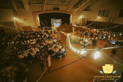 They transformed this gym to a dreamy wedding reception! These lights add a lot of ambience and is great for the photographer to work with. Lighting is everything! Stephanie Rose Photography » Gym Wedding Reception, Dreamy Wedding Reception, Couples Night, Dance Decorations, Wedding Reception Photography, Gym Wedding, Wedding Venue Inspiration, School Dance, Winter Weddings