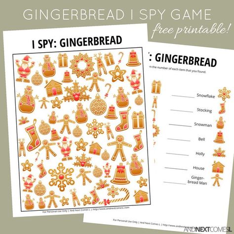 Free gingerbread themed I Spy game for kids that's perfect for Christmas from And Next Comes L Gingerbread School Party, Gingerbread House Games, Gingerbread Classroom Party, Gingerbread House Party Favors, Gingerbread Theme Class Party, Gingerbread House Activities For Kids, Gingerbread Class Party, Gingerbread Party Games, Gingerbread Party Ideas For Kids