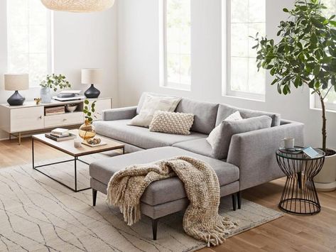 West Elm Sale: The 12 Best Finds In West Elm's Sale Section Right Now Living Room Designs West Elm, Gray Sofa Modern Living Room, Grey Coaches Decor Living Rooms, Home Inspiration Living Room Modern, Light Grey Sectional Living Room Decor Modern, Light Grey Living Room Couch, Decor For Light Grey Couch, Bohemian Accent Wall Living Room, Light Grey And Wood Living Room