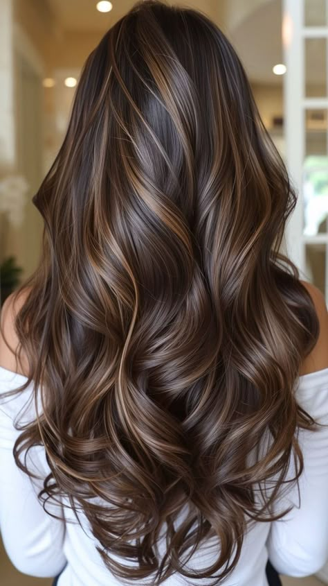 Butterscotch Brunette Hair, Expresso Highlights On Brown Hair, Caramel Brown Hair Highlights, Dark Brown Hair Golden Highlights, Winter Brunette Hair Color Highlights, Dark Brown With Honey Highlights, Brown Sugar Highlights, Shades Of Brown Highlights, Highlights In Long Hair