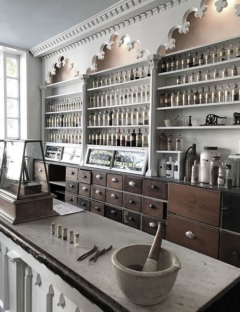 Diy Apothecary Shelves, Light Apothecary Aesthetic, Modern Apothecary Design, Apothecary Design Interior, Apothecary Coffee Bar, Apothecary At Home, Herbalist Shop Design, Apothecary Set Up, Oddities Shop Aesthetic