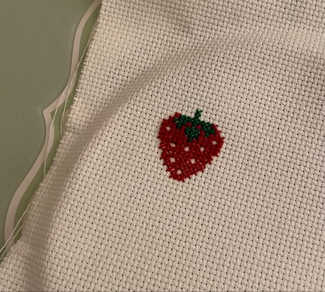 Cross Stitching Aesthetic, Strawberry Embroidery Pattern, Aesthetic Cross Stitch, Cross Stitch Aesthetic, Cottagecore Cross Stitch, Strawberry Cross Stitch, 101 Goals, Cottagecore Embroidery, Cross Stitch Mini