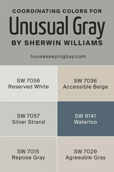 Coordinating Colors for SW 7059 Unusual Gray by Sherwin Williams Unusual Gray Sherwin Williams Exterior, Unusual Gray Sherwin Williams, Unusual Gray, Gray Sherwin Williams, Zyla Colors, Sherwin Williams Gray, Kitchen Favorites, Violet Brown, Light Sea Green