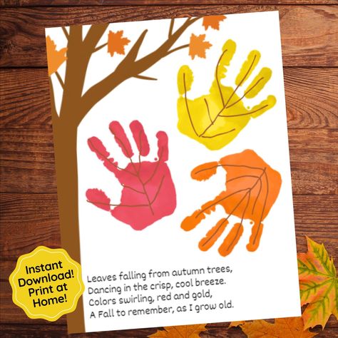 Celebrate Fall with your child with this fun Leaf Handprint Craft! Help your child create their own leaves falling from this autumn tree. Pretty poem adds to this printable keepsake. A unique and sentimental gift giving idea. This is also a great resource for teachers as a fall preschool activity or kindergarten activity! Instant Download. You will receive 3 different sizes: (1) 8x10 inch PDF File (1) 8.5x11 inch PDF File (1) A4 PDF File Print as many as you need! This print is not customizable. Leaf Handprint Crafts Preschool, Autumn Tree Craft Preschool, Handprints Leaves, Fall Activity For Preschoolers, Handprint Family Tree Preschool, Thanksgiving Activities For One Year Old, Fall Ideas Kindergarten, Poem Activities For Kids, Handprint Leaves Fall Crafts