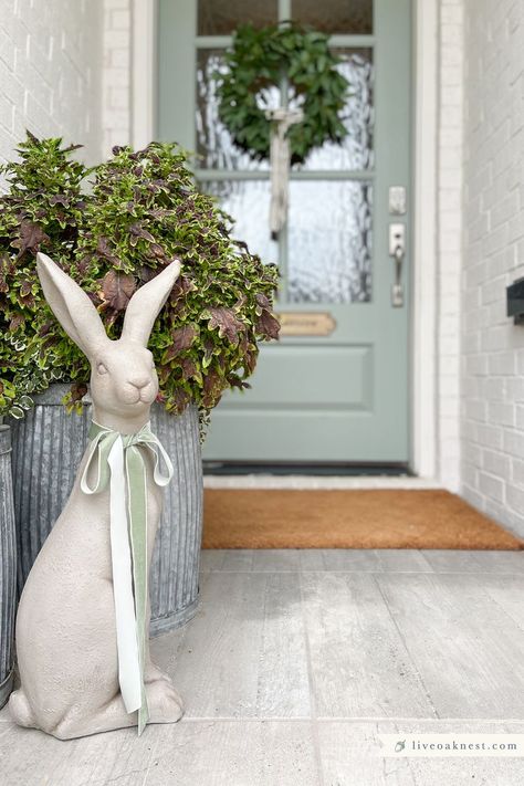 Front Porch Refresh Sitting Rabbit  from LIve Oak Nest Easter Front Porch Decor, Easter Front Porch, Spring Front Porch Decor, Easter Porch, Easter Porch Decor, Front Porch Summer, Spring Porch Decor, Vinyl Mat, Front Door Makeover