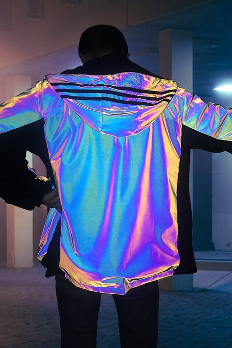 Rainbow iridescent reflective fabric-ChinaStars Rave Outfit Neon, Reflective Outfit, Neon Party Outfits, Reflective Clothes, Iridescent Fashion, Holographic Jacket, Rave Outfits Men, Reflective Fabric, Rainbow Iridescent