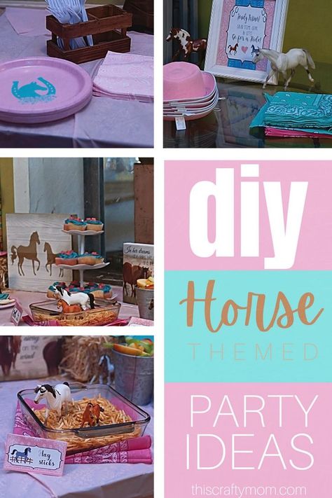 Looking for ideas for a Horse Themed party? Check out this DIY Horse Themed birthday party! There are tons of ideas for Horse Themed decorations, and Horse Themed food! For more party ideas be sure to check out thiscraftymom.com. Horse Party Printables Free, Horse Back Riding Party Ideas, Horse Table Decorations, Horse Farm Birthday Party, Horse Themed Food Ideas, Horse Charcuterie Board, Horse Pool Party, Diy Horse Party Decorations, Horse Birthday Party Food Ideas