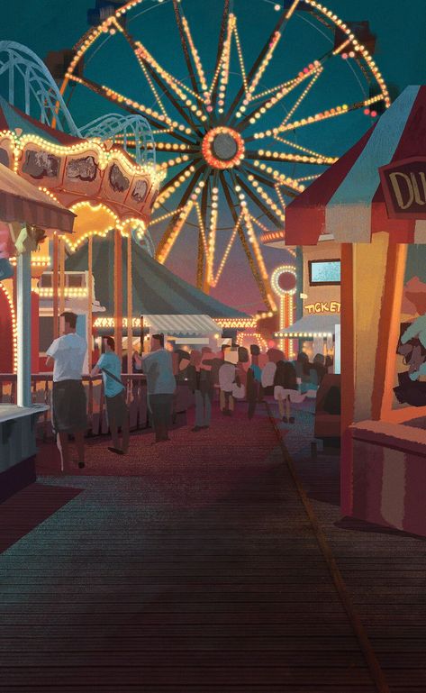 Theme Park Illustration Concept Art, Carnival Background Aesthetic, Amusement Park Poster Design, Carnival Painting Canvas, Carnival Poster Ideas, Carnival Rides Aesthetic, Fair Wallpapers, Amusement Park Ideas, Carnival Moodboard