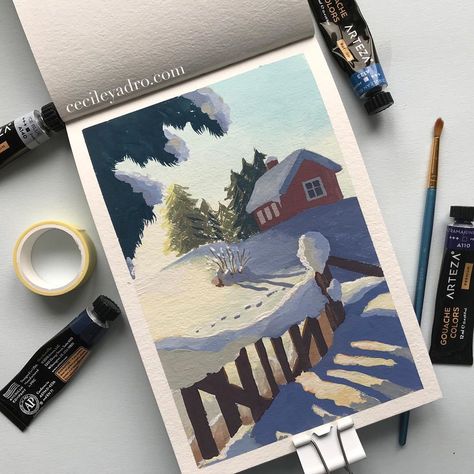 Cecile Yadro on Instagram: “The one who said that snow is white never tried to paint it! . . . . Reference photo: Pinterest Gouache: Arteza Sketchbook: Strathmore 400…” Arteza Sketchbook, Pinterest Reference, Photo Pinterest, Gouache Illustrations, Winter Girl, Gouache Art, Aesthetic Painting, Cute Backgrounds, Who Said