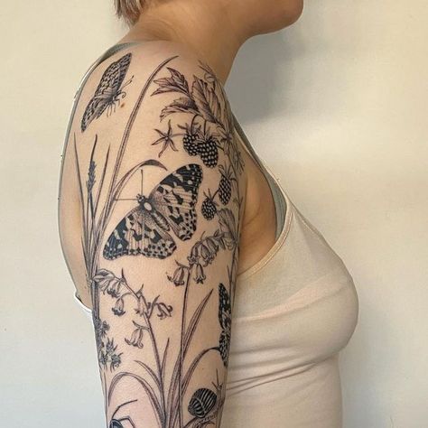 Ula on Instagram: "Finished one of my recent favourite ongoing projects today for lovely Persephone ✨ 4 long sessions and lots of good energy 💛 Thank you for your trust and always being such a dream to tattoo Perse!💫 All lines, the fairy and most of forearm is healed. Only shading on upper arm is fresh. *lil wrist tattoo not by me So nice to be back at my sweet @lunaandsoltattoo 💛 #sleeve #sleevetattoo #botanicaltattoo #botanicalart #woodland #tattoo #butterflytattoo ##sleevetattoos #tattooin Cottage Core Patchwork Tattoo, Woodland Tattoo, Botanical Tattoo Sleeve, Witchy Tattoos, Thumb Tattoos, Whimsical Tattoos, Nature Tattoo Sleeve, Bug Tattoo, Theme Tattoo