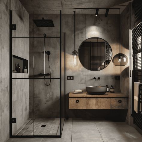 Modern Industrial Concrete Bathroom in Warm Wood Tones [Room Concept] Masculine Small Bathroom, Loft Bathroom Ideas, Concrete Bathroom Design, Modern Industrial Bathroom, Loft Homes, Industrial Bathroom Design, Black Metal Accents, Masculine Bathroom, Bathroom Ideas 2024