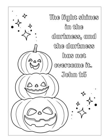 Download this free, printable Christian Halloween coloring page featuring John 1:5, The light shines in the darkness, and the darkness has not overcome it. Great for use at church, for trunk or treat events, harvest festivals, Halloween alternatives, Sunday school, and at home. #pumpkincoloringpage #Bibleversecoloringpage Christian Pumpkin Printable, Pumpkin Sunday School Lesson For Kids, Harvest Festival Ideas For Preschool, Halloween Childrens Church Lessons, Pumpkin Prayer Coloring Page, Scarecrow Bible Lesson, Sunday School Halloween Ideas, Christian Halloween Ideas Free Printable, Pumpkin Church Crafts For Kids