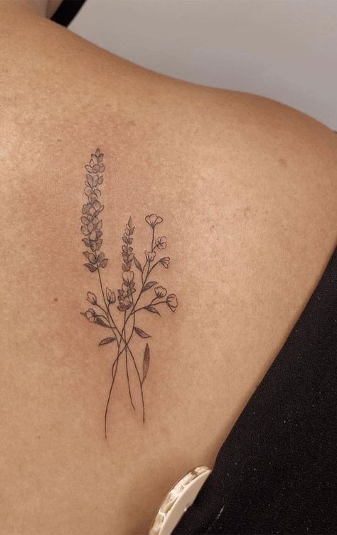 Flowers Tattoos For Women Shoulder, Flower Tattoos Around Words, Flower Bunch Tattoo Placement, Birth Flower Tattoos On Shoulder, Lavender And Lily Tattoo, Bunch Of Lavender Tattoo, Where To Get Flower Tattoos, Flower Tattoo Upper Back, Tattoo Flowers Bouquet