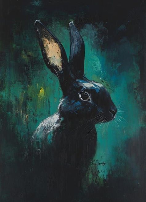 Original Black Rabbit Canvas Print in the Style of Contemporary Animal Art Perfect for Home Decor and Wall Art by CustomCanvasCurators Check out our new canvas print featuring a mesmerizing black rabbit, adding a touch of wild elegance to any space! 🐰🌿 Perfect for animal lovers and art enthusiasts, this piece captures the beauty of nature with its rich palette of greens and deep blacks. Elevate your decor and bring a calming ambience to your home with this stunning focal point. Get ready to... Black Rabbit Art, Paintings For Bedroom, Textile Art Techniques, Movement Drawing, Rabbit Artwork, Hare Painting, Animal Artists, Dog Portraits Painting, Wild Rabbit