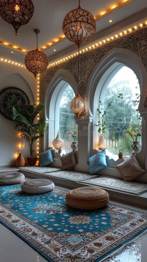 Arabian style lounge with ornate lanterns, suitable for interior design or relaxation themes. End of Eid al-Fitr. royalty free stock images Arabian Living Room Ideas, Pakistani Home Decor Ideas, Arab Interior Design, Arabian Interior Design, Egyptian Interior Design, Arabian Furniture, Arabian Lounge, Arabian House Design, Arabian Living Room