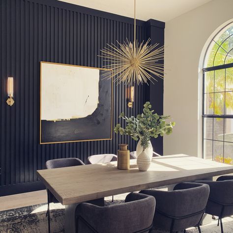 This Leah Caylor Fine Arts canvas completes this gorgeous modern dining room. Make a statement with a black accent wall. Follow @styledby.stacey on Instagram for more styling tips and inspiration. #rh #rhmodern #arhaus #sherwinwilliams #tricornblack #ethanallen #luluandgeorgia Art Deco Style Interior, Gold Dining Room, Dining Room Accent Wall, Black Accent Walls, Dining Room Accents, Room Accent Wall, Gold Dining, Dinning Room Design, Dining Room Wall