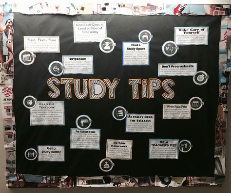 Study Tips Bulletin Board Study Tips Ra Bulletin Board, Study Tips Bulletin Board, Study Skills Bulletin Board, Passive Programming, High School Bulletin Boards, College Bulletin Boards, Passive Programs, Writing Studio, Ra Bulletins