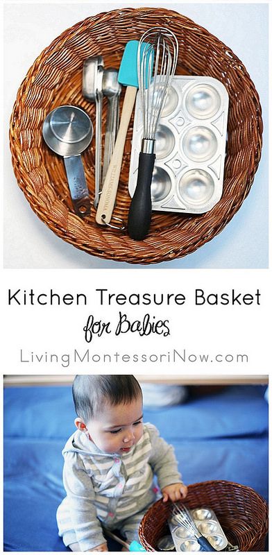 Ideas for creating a kitchen treasure basket and other treasure baskets for babies Baby Treasure Basket, Sensory Basket, Montessori Kitchen, Montessori Infant, Toddler Montessori, Montessori Parenting, Treasure Basket, Heuristic Play, Monday's Child